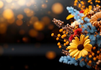 Vibrant Floral Arrangement with Yellow Daisies and Colorful Accents on Dreamy Background with Soft Bokeh Effect