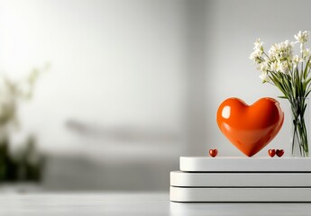 Bright Orange Heart Sculpture with Flowers on White Background for Celebrations and Romantic Occasions