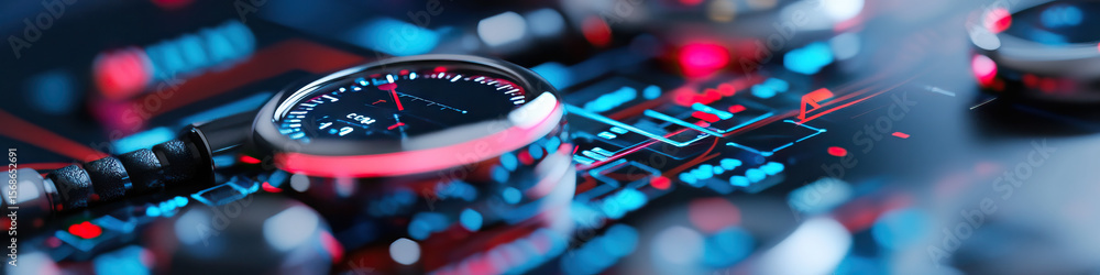 Poster close-up of a futuristic gauge and circuit board