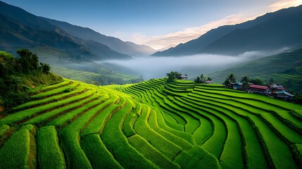Aerial View Banaue Rice Terraces Philippines Geometric Fields Morning Fog Sunlight Lush Green Scenic Nature Photography