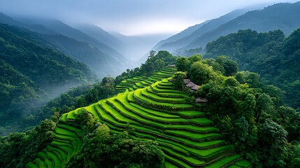 Banaue Rice Terraces Philippines Overhead Drone Shot Geometric Patterns Early Morning Mist Sunlight Scenic Landscape