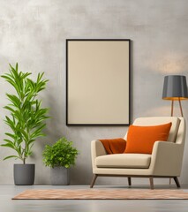 Cozy Living Room Setup with Stylish Armchair, Potted Plants, and Empty Frame on Textured Wall Background