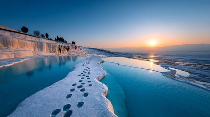 Golden Hour Pamukkale Turkey Natural Calcium Formations Crystal Blue Water Pools Snow-White Landscape Footprints Vibrant View


