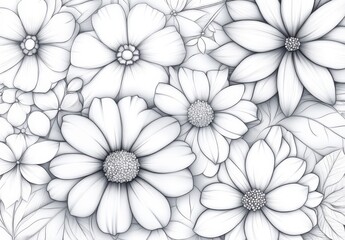 Intricate Hand-Drawn Floral Patterns Featuring Various Flower Types and Delicate Leaves in Black and White