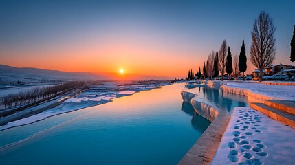 Pamukkale Turkey White Calcium Terraces Blue Pools Golden Hour Lens Flare Footsteps Snow-Like Surface Scenic Travel Photo