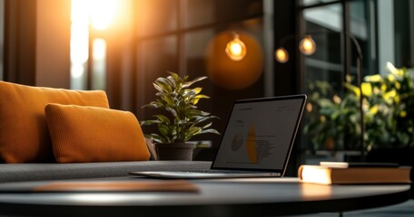 Modern Office Workspace with Laptop, Decorative Plants, and Cozy Cushions under Warm Sunlight
