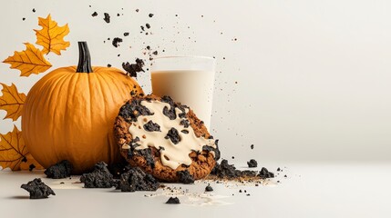 Freshly Baked Pumpkin Cookie with Crushed Oreos and Glass of Milk on Neutral Background with Autumn Leaves
