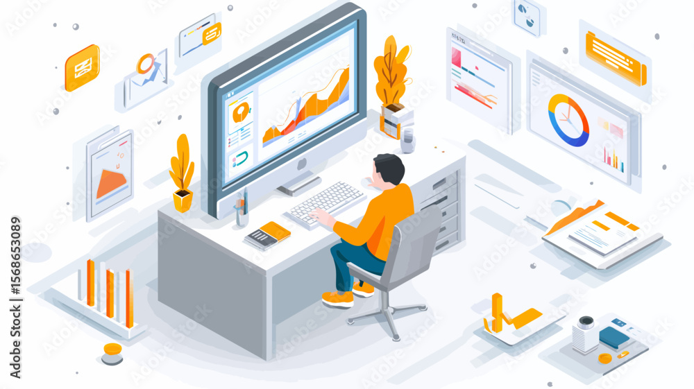 Poster an office scene showcases a man analyzing data on a computer, suitable for business or workplace env