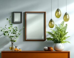 Modern Home Decor with Stylish Mirrors, Pendant Lights, Green Plants, and Decorative Objects in Contemporary Setting