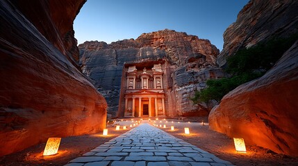 The Treasury Petra Jordan Sandstone Architecture Lanterns Glowing Rocky Trail Deep Shadows Historic Landmark Evening Light