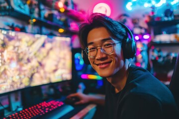 Joyful Asian male gamer with headphones plays video games under colorful neon lights in a modern living room at night smiling at the camera Online esports streaming