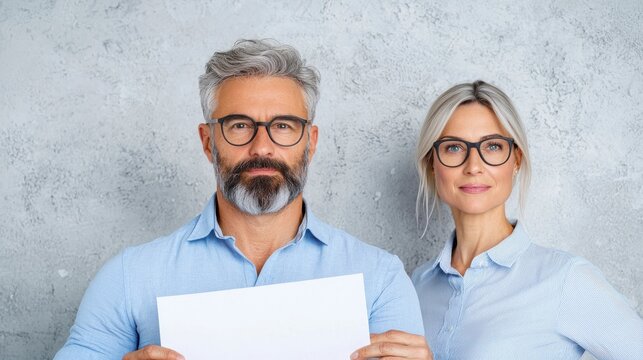 Couple Portrait with Paper: A composed and refined middle-aged couple, glasses, dressed in blue shirts, holding a blank paper with the focus on connection and collaboration, a strong background.
