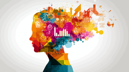 Conceptual brain artwork displays abstract thought with colorful splatter effects and upward trending bars, illustrating potential and creativity.