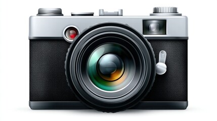 A detailed illustration of a classic camera. Its lens captures light, ready to frame memories
