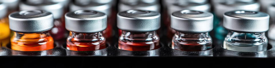 Multiple Glass Vials with Colored Liquids in a Tray