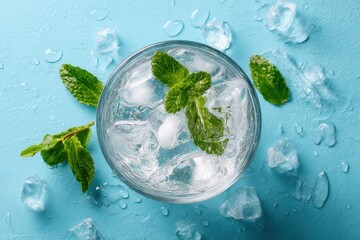 Chilled water with ice and mint on a blue backdrop evoking summer relaxation thirst relief and bar vibes Flat lay