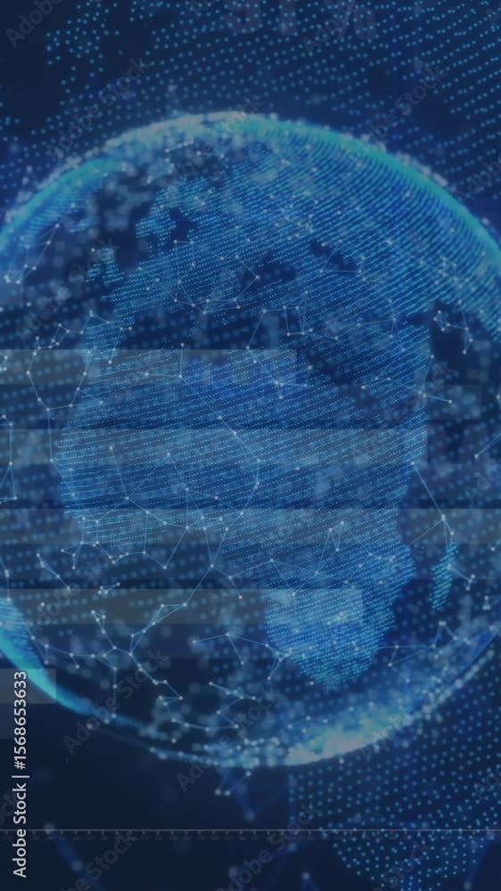 Poster animation of data processing over globe on blue background