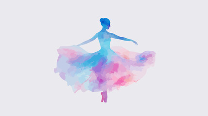 Fototapeta premium Graceful ballerina in watercolor style, dancing figure with flowing dress in shades of pink, purple, and blue for creative projects.