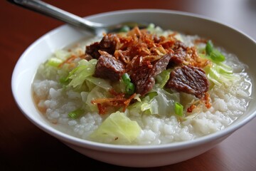 Bubur Nasi or Nasi Air is a favored porridge in East Coast Malaysia made with rice fried onions cabbage and beef or chicken broth