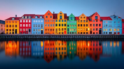 Obraz premium Copenhagen Nyhavn Harbor Colorful Buildings Reflections Canal Water Vibrant Street View Denmark Scenic Urban Landscape