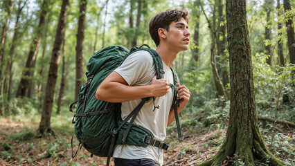 Young Man Hiking through the Woods