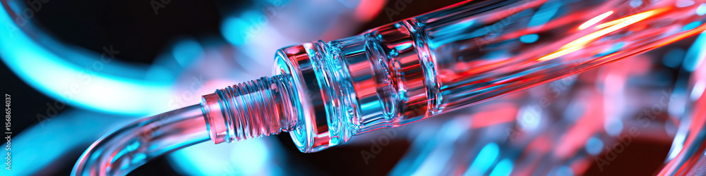 Poster close-up of transparent cylindrical object with threaded connector under red and blue illumination