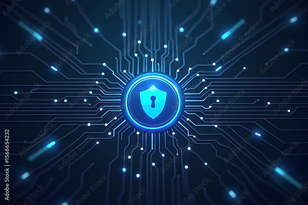 Poster digital security shield with glowing keyhole at the center of futuristic circuit board, representing