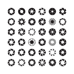 Collection of diverse black camera aperture diaphragm icons arranged in a grid on a white background