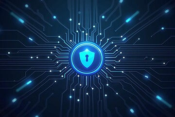 Digital security shield with glowing keyhole at the center of futuristic circuit board, representing cybersecurity and data protection