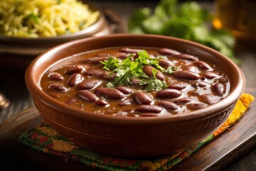 Rajma or Razma is a well liked North Indian dish made of red kidney beans in a spicy thick sauce It is presented in a bowl with cumin rice and a green salad set against a vibra