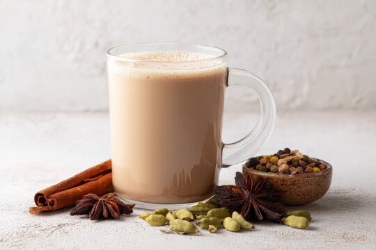 Traditional Indian spiced tea with milk photographed up close against a white background