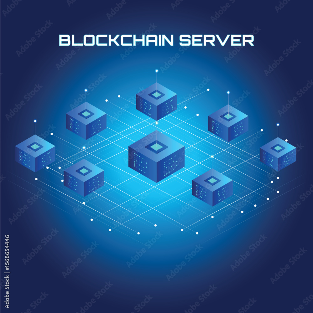 Aufkleber digital cubes blockchain network connected on a circuit board. isometric design for data center conc