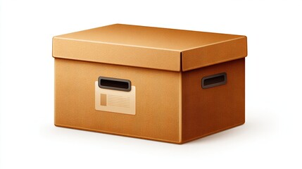 Brown cardboard box with lid, label, and handles isolated on white background