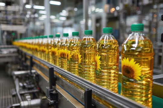 Bottled sunflower oil Industrial production Packaging conveyor line Oil manufacturing facility