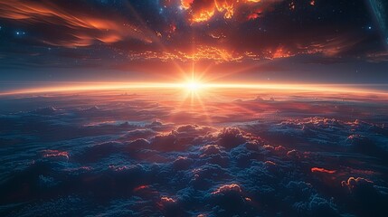 Fototapeta premium Sunburst glows above clouds, horizon glowing. Crimson and blue hues with celestial light beams and soft textures