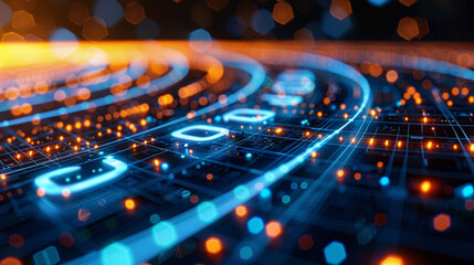 Abstract digital network with glowing binary code.