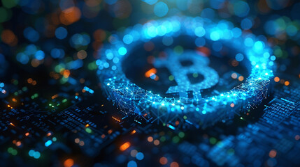 Abstract digital representation of a Bitcoin symbol on a circuit board.  Complex, glowing network of interconnected points forms the Bitcoin logo.  Bokeh effect around the de