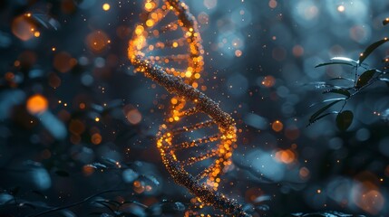 Glowing DNA helix between foliage with blurred lights