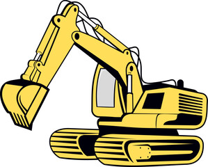 Vector of excavator isolated on white. Yellow excavator is digging into the ground. The machine is large and powerful, and it is clear that it is being used for heavy-duty work.