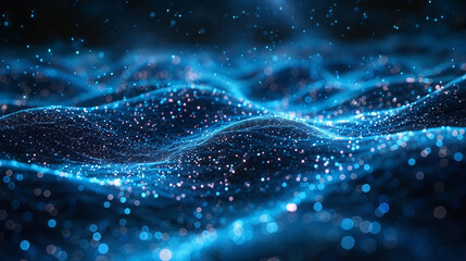 Abstract digital wave,  glowing particles,  deep blue background,  iridescent,  complex,  dynamic,  flowing,  technology,  futuristic,  motion,  abstract art, digital art.
