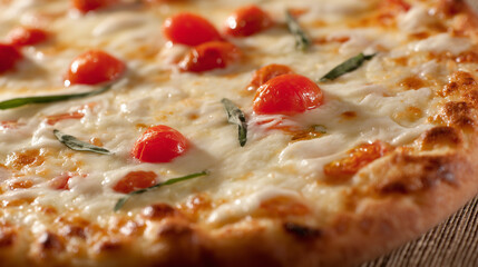 A close-up of vegetarian pizza with cherry tomatoes, melted mozzarella, and fresh oregano garnish.