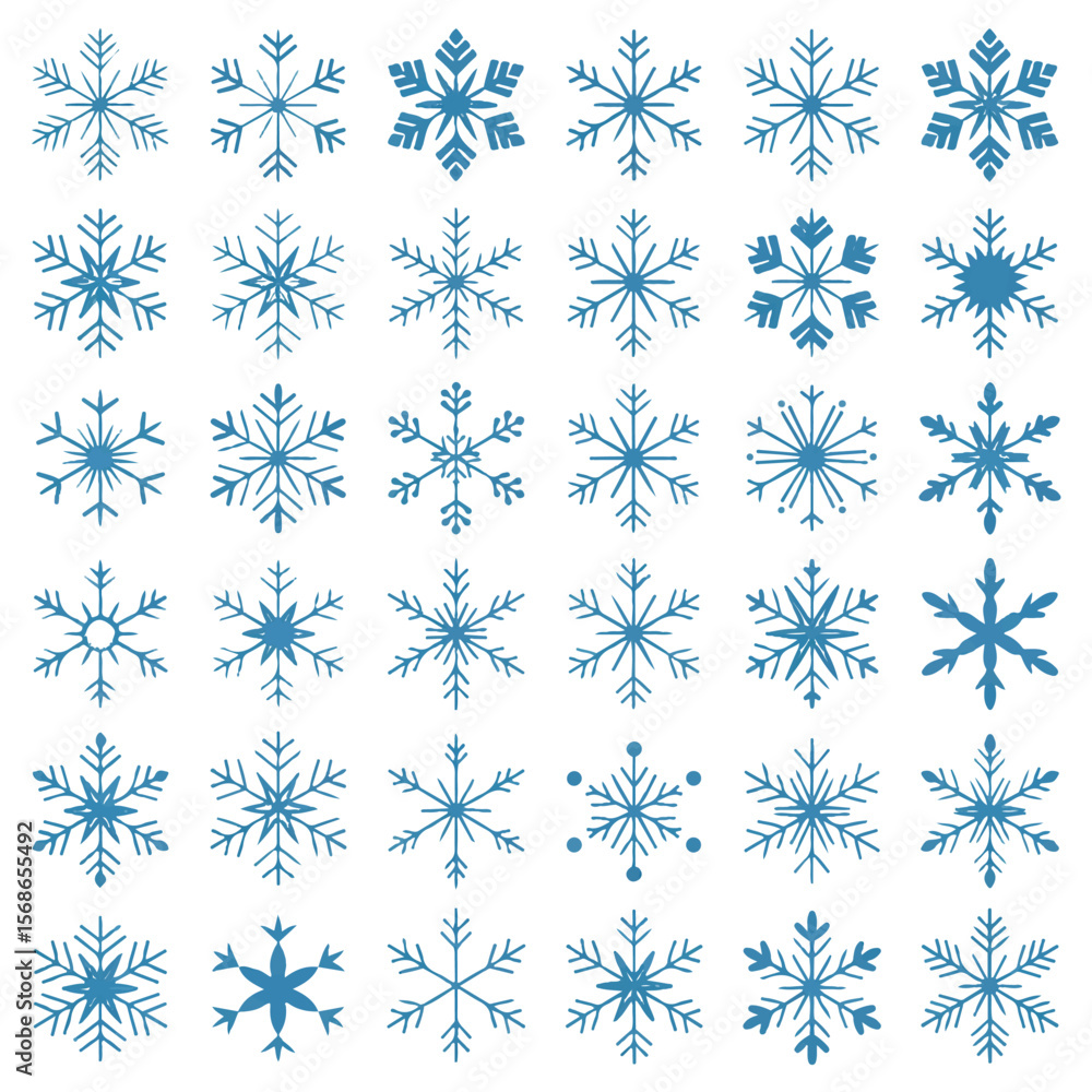 Aufkleber collection of diverse blue snowflake icons with intricate patterns on a clean white background