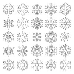 Collection of diverse hand drawn snowflake outlines on a white background representing winter and cold weather