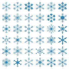 Collection of diverse blue snowflake icons with intricate patterns on a clean white background