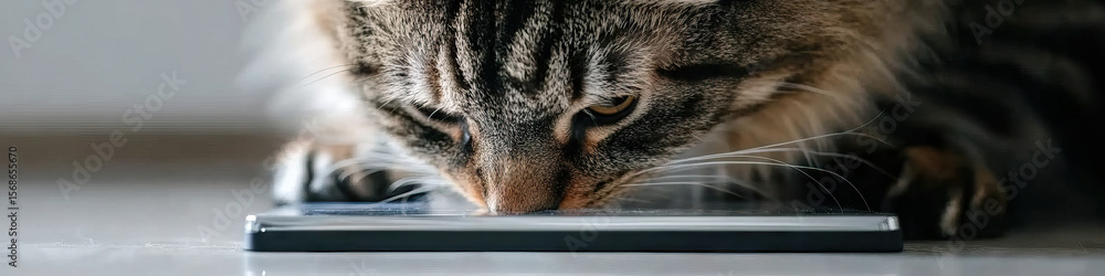 Poster long-haired tabby cat investigating rectangular object