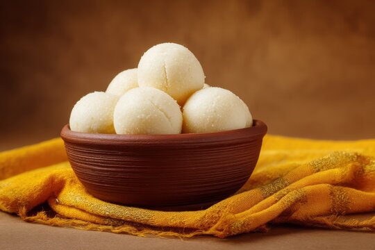 Rasgulla or rosogulla a soft Indian dessert made from khoya served in a clay bowl on a yellow napkin with a brown backdrop