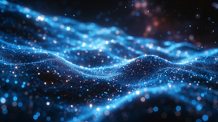 Abstract digital wave pattern of glowing particles.