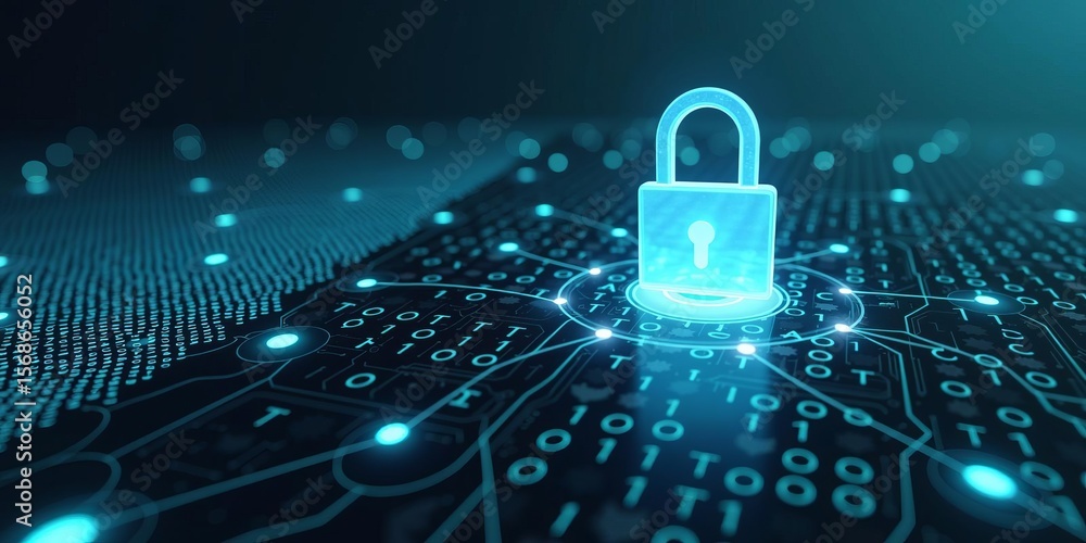 Poster futuristic digital padlock symbolizing data protection and cybersecurity on a virtual network with g