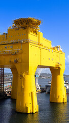 Haugesund port in Norway. Drilling oil rig platform to explore oil and gas fields near coastline