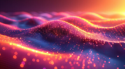 Abstract digital wave, vibrant glowing particles, soft blurred texture, energetic design, futuristic patterns.